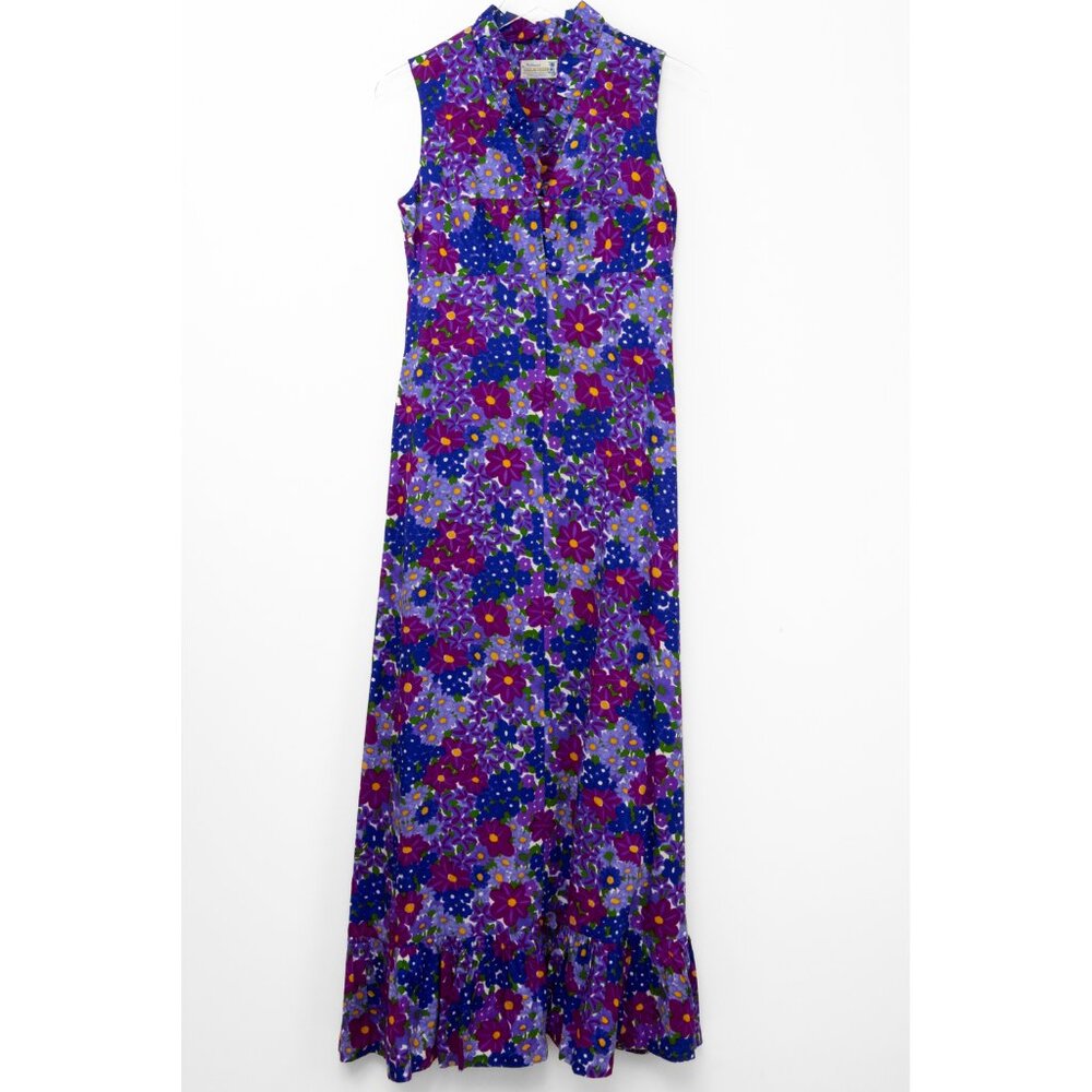 Hukilau Fashions Sleeveless Barkcloth Floral Dress 60s 70s Vintage Purple Blue